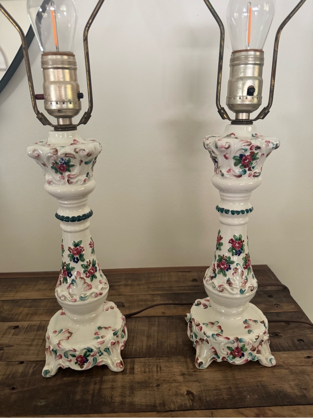 Vintage Italian Floral Ceramic Table Lamp Pair - White with Pink & Green Accents